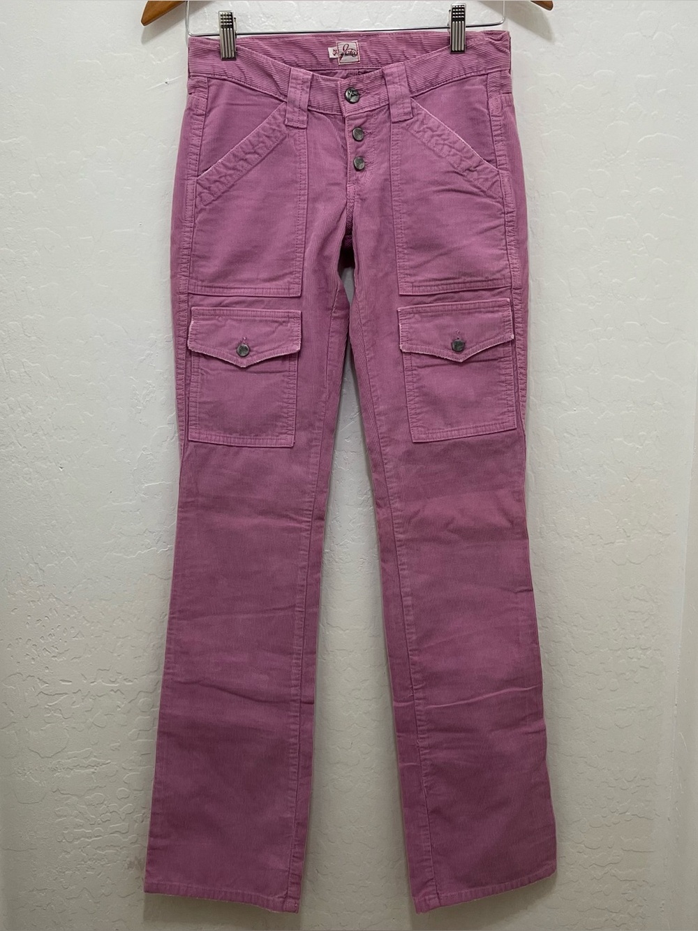 Joie So Real Pink Corduroy Cargo Flare Pants Low Rise Exposed Button Fly Y2K